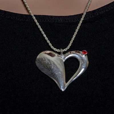 Sterling silver half open heart with red Swarovski crystal