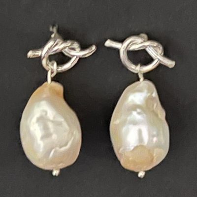 Silver Knot Baroque Pearl Post Earrings